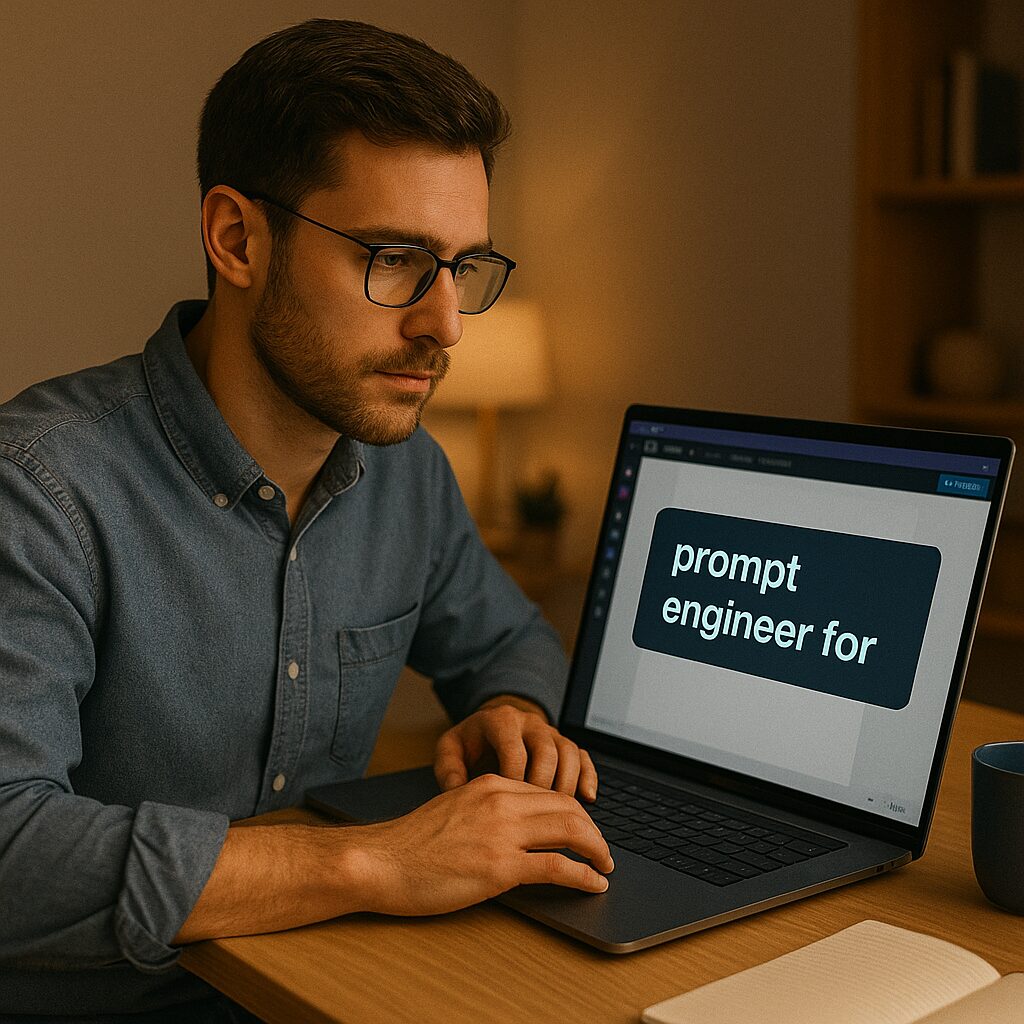 A focused male engineer sits at a desk, interacting with an AI-driven design tool on his laptop. The screen shows the text “prompt engineer for AI,” emphasizing a technical professional learning how to write prompt for AI effectively in a modern workspace.