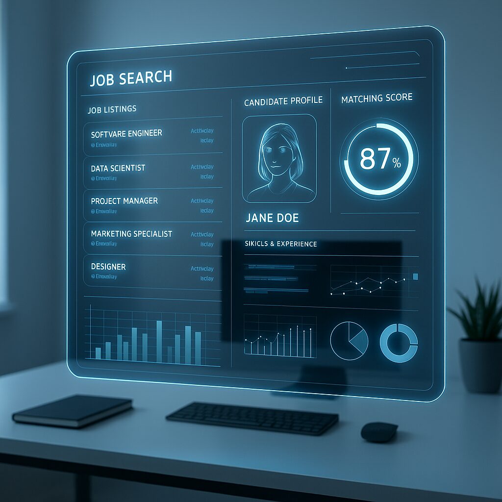 A sleek, hyper-realistic holographic job search interface floats above a minimalist desk in a modern workspace. The glowing blue interface showcases job listings, a digital candidate profile with an avatar, matching scores, and analytics—all AI-generated. This futuristic scene illustrates how Jobs Involving AI are transforming the recruitment process through advanced technology and smart data-driven insights.