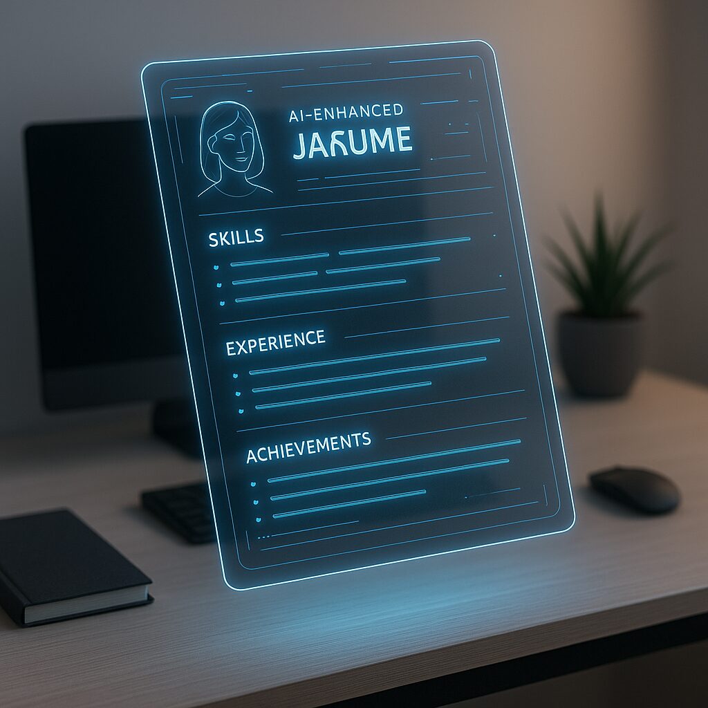 A glowing, holographic resume hovers above a tidy desktop in a softly lit modern office. The resume, enhanced by AI, is organized into sections like Skills, Experience, and Achievements, each highlighted with subtle neon effects. This image visually represents the rise of Jobs Involving AI and how artificial intelligence is reshaping personal branding and job applications.