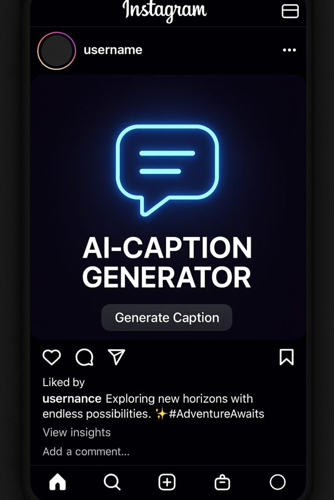 Mockup of an Instagram interface featuring an AI-powered caption generator. The post includes a glowing blue speech bubble icon and a 'Generate Caption' button, with a sample caption displayed below. This concept showcases AI for Instagram Posts, emphasizing automation and creative enhancement in social media content creation.