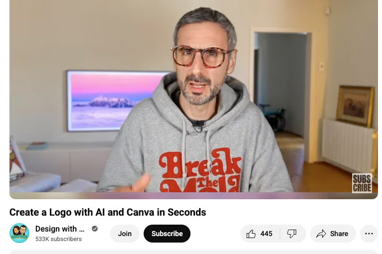 Man designing a logo using Canva an AI for Images during a YouTube tutorial