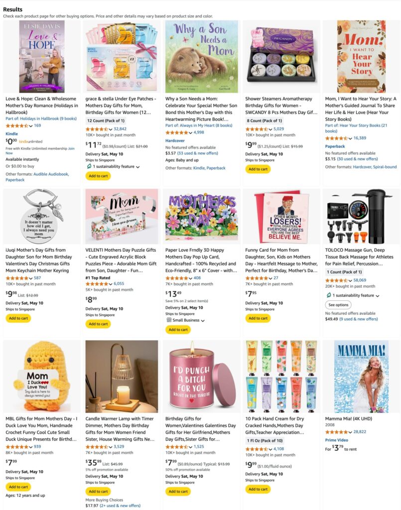 Screenshot of Amazon Singapore’s top Mother’s Day gift listings showing bestselling items like spa kits, sentimental books, and personalized mugs.