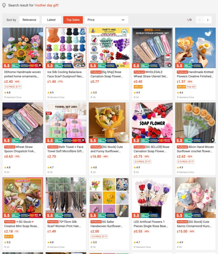 Shopee Singapore search results for Mother’s Day gift ideas featuring soap flower bouquets, plush gift sets, and pastel packaging trends.