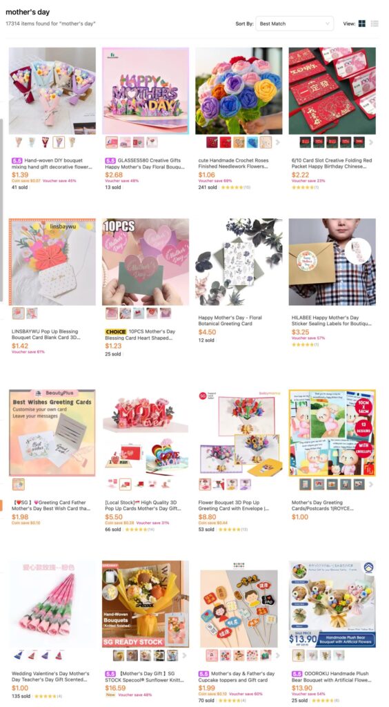 Lazada Singapore Mother's Day gift search results showcasing DIY gift boxes, pop-up greeting cards, and preserved floral arrangements.