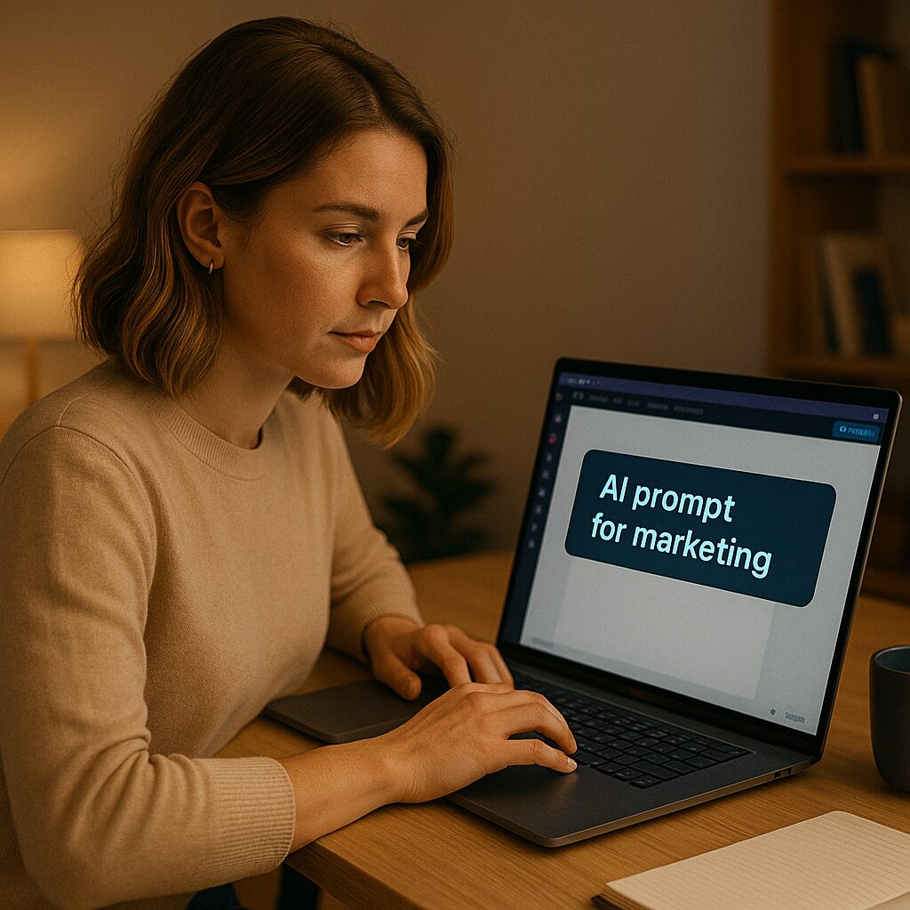 A professional female marketer types on her laptop in a cozy, softly lit room. The screen reads “AI prompt for marketing,” representing a real-world scenario of marketers exploring how to write prompt for AI to streamline content creation and strategy.